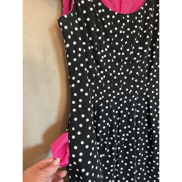 R & K Black Polka Dot w/pink lining Sleeveless Dress w/Pockets Sz 8 - Picture 3 of 5